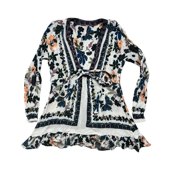 FREE PEOPLE Violet Hill Gauze Mini Dress Tunic in Blue Green White Floral Sz 4 - Picture 4 of 11
